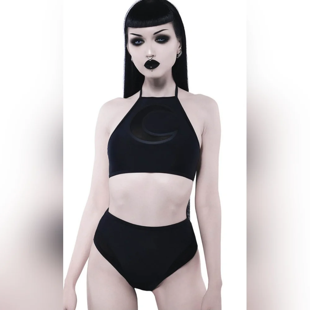 Killstar Bikini Set Crescent Moon Black Halter Mesh Goth Read Description - Picture 2 of 7